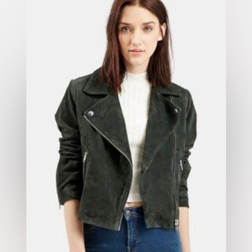 Topshop Forest Green Caddy Suede Leather Jacket